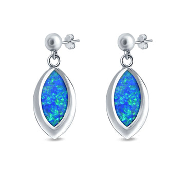 Marquise Stud Earrings Lab Created Blue Opal 925 Sterling Silver (20mm)
